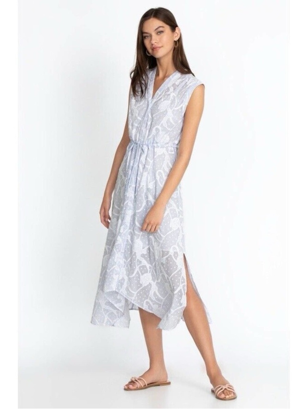 Johnny Was Workshop Flore Seersucker Asymmetrical Embroidered Cotton Midi Dress - Picture 2 of 12